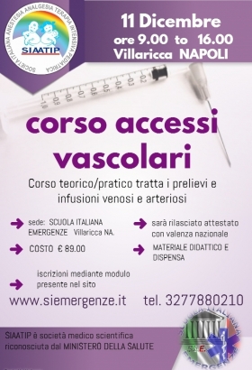 CORSO PER ACCESSI VASCOLARI PRELIEVI VENOSI E ARTERIOSI - SCUOLA ITALIANA EMERGENZE